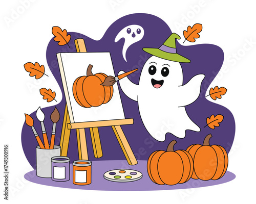 Cute ghost painting a pumpkin on an easel for halloween