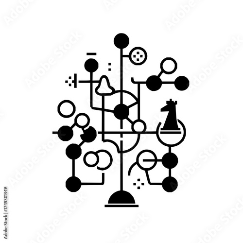 Abstract schematic design featuring interconnected circles lines and a chess knight piece in black and white