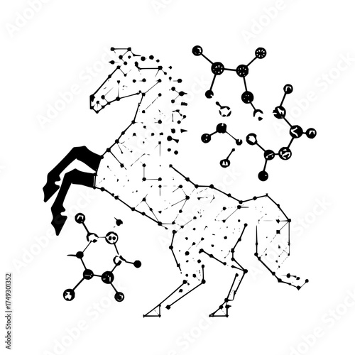 Stylized horse constructed from lines and dots with molecular structures scattered around it in black and white