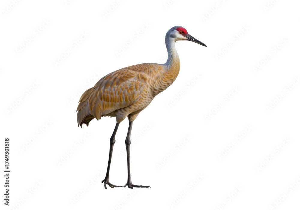 Obraz premium Isolated Sandhill Crane is seen standing in profile with a long neck and a red marking on its head