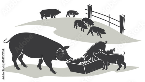 Farm Pigs Feeding Outdoors Happy Livestock Group Grazing in Rural Pasture for Agriculture Web Design