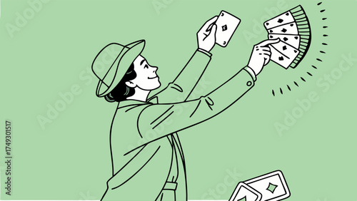 Magician Man Fanning Playing Cards for Entertainment or Gambling Promotion Sleight of Hand Skill