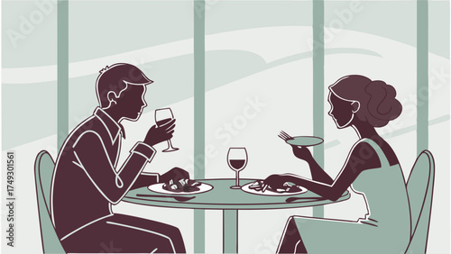 Romantic Couple Enjoying Fine Dining Dinner Date with Wine in Modern Restaurant Setting for Lifestyle Advertising
