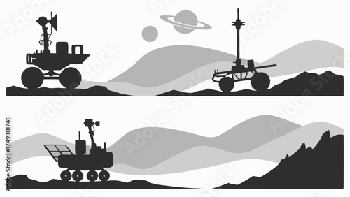 Space Exploration Rovers Exploring Alien Planet Landscape for Science Technology and Future Travel Web Design Projects