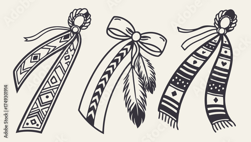 Tribal Woven Ribbon Scarf Set Feathers Boho Design Elements for Fashion Branding Apparel Web Graphics