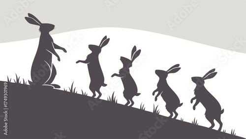 Silhouette of Hares Standing Alert on Hillside Illustrating Teamwork Leadership Growth and Vigilance for Wildlife Guides