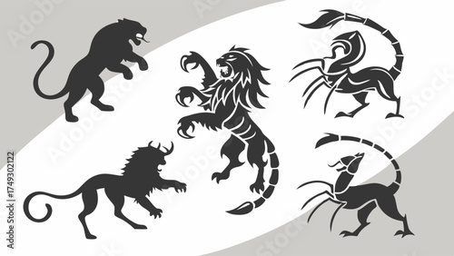 Mythical Heraldry Beast Silhouettes Lion Scorpion Griffin Crest Design for Tattoo Logo Emblem