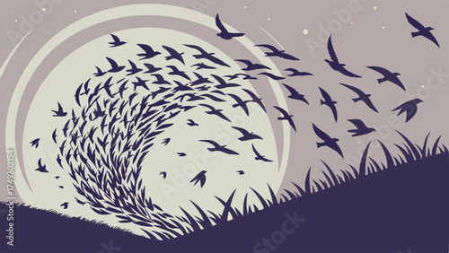 Swarming Birds Forming Wave Shape Against Sunset Sky for Migration, Freedom, and Teamwork Design Element