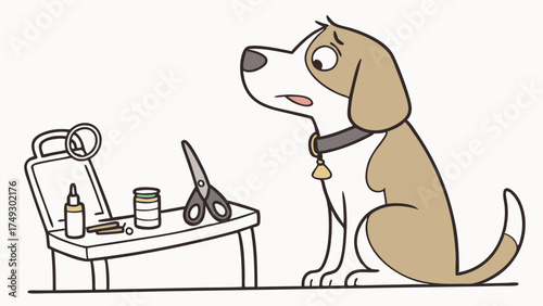 Worried Dog Faces Grooming Tools and First Aid Kit for Anxious Pet Care Illustration