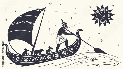Ancient Norse Warrior Rowing Mythical Sun Boat with Animals Across Rough Seas for Fantasy Adventure Design