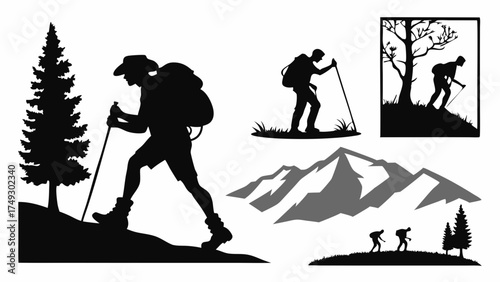 Silhouette Hikers Trekking Uphill with Backpacks and Poles for Adventure Travel Web Design Outdoor Recreation Promotion