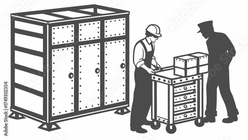 Warehouse Workers Loading Riveted Shipping Crate with Dolly for Logistics and Freight Transport Security