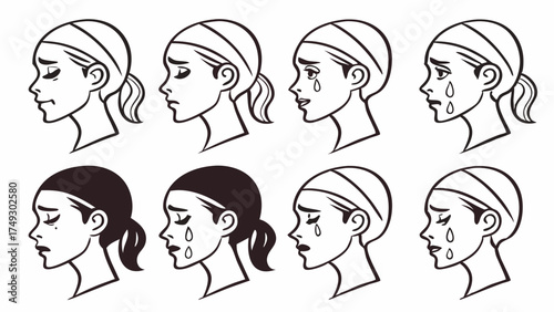 Sad Woman Profile Vector Illustrations Showing Crying Grief and Emotional Distress for Mental Health Therapy and Support Content