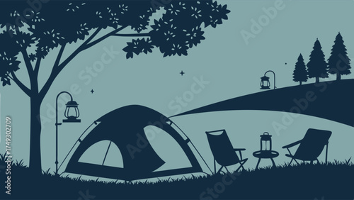 Peaceful Night Camping Scene with Tent Chairs and Lanterns for Outdoor Adventure Travel and Relaxation Websites