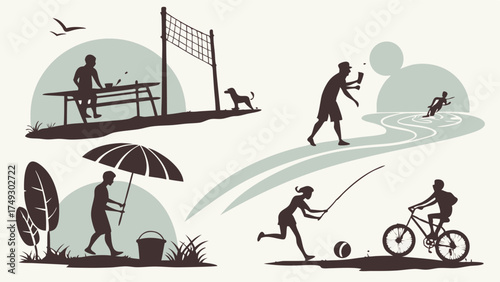 ## Image Analysis:

The image is a collection of silhouettes depicting various outdoor leisure and recreational activities. The style is minimalist and graphic, with a limited