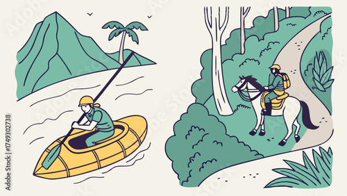 Adventurous Travelers Kayaking River and Horseback Riding Jungle Trail for Exciting Tropical Vacation