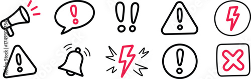 Collection of doodle icons alert warning notification danger symbols and exclamation marks