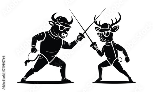 Silhouette of a bull and a deer wearing fencing attire and sunglasses, engaged in a duel with swords on a white background