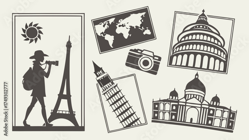 Global Travel and Tourism Graphics Set with Famous World Landmarks Tourist Camera Map for Inspiring Vacation Planning and Adventure Exploration
