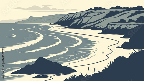 Monochromatic Coastal Beach Illustration with Winding Shoreline, Gentle Ocean Waves, and People Walking. Serene Nature for Travel, Wellness, Web Design.