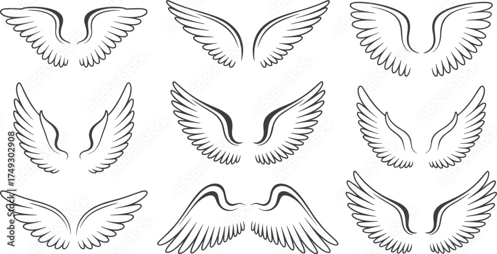 Obraz premium Collection of hand-drawn sketchy angel wings various styles and sizes for creative projects