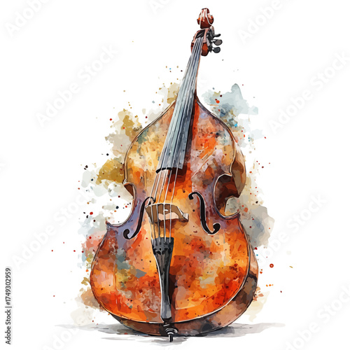 watercolor vector of Double Bass, isolated on a white background.