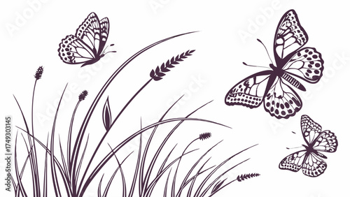 Elegant Butterflies Soaring Over Wild Grass and Reeds. Monochrome Line Art Illustration for Spring Summer Nature Backgrounds and Eco Design