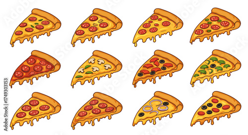 A repeating pattern of twelve cartoon slices of pizza with various toppings on white