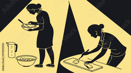 Focused Women Mixing and Preparing Food in Kitchen Silhouette for Culinary Blog and Recipe Website