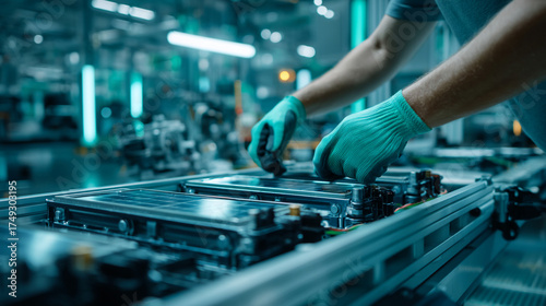 Technician assembling an EV battery pack in a modern factory setting.