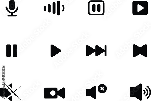 Collection of multimedia and audio interface icons for digital applications and devices