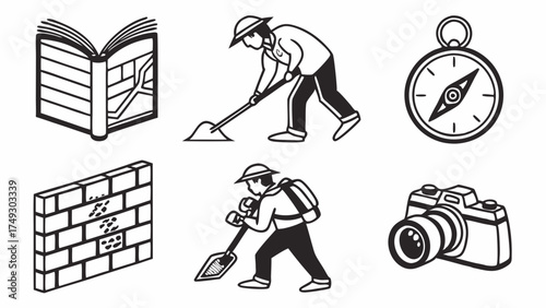 Black and White Line Art Icons for Archaeology and Exploration. Research, Planning, Hard Work, and Overcoming Challenges in Business and Education