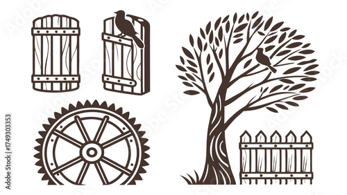 Hand Drawn Rustic Farmhouse Elements Outline Illustrations. Vintage Wood Tree, Fence, Shutters, Wheel for Countryside Design, Craft Projects.