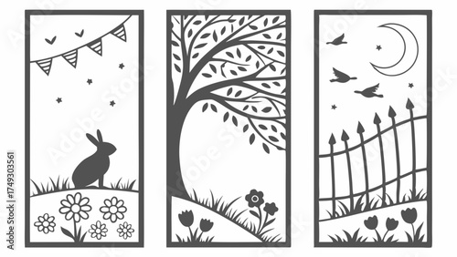 Whimsical Laser Cut Decorative Panels featuring Spring Nature Silhouettes. Charming Garden Scenes with Bunny, Tree, and Birds for Home Decor and Craft Design.