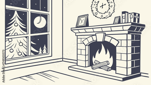 Cozy Christmas Fireplace and Festive Tree with Snowy Winter Night View. Warm Holiday Home Line Art Illustration for Seasonal Marketing.