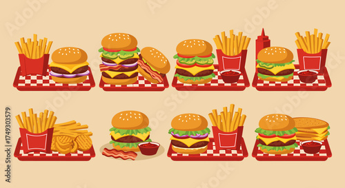 Eight sets of fast food meals featuring burgers and french fries on red checkered trays