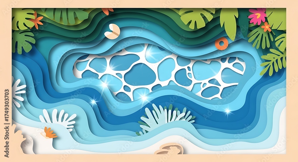 Fototapeta premium Beautifully layered paper cut illustration of a sparkling swimming pool on a sunny day