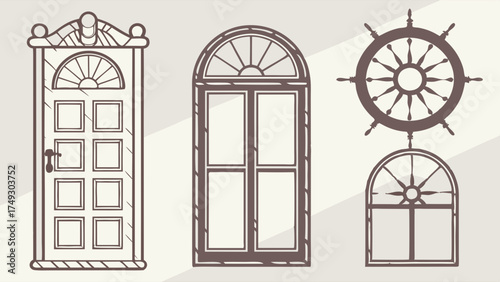 Classic Architectural Vector Outline Set: Decorative Door, Arched Windows, Ship Wheel. Perfect for Home Design, Real Estate, Travel, Building Projects.