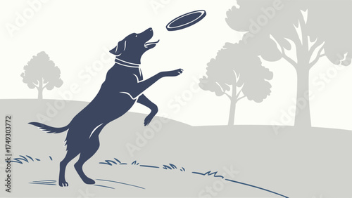 Energetic Dog Leaping to Catch Frisbee in Park Happy Pet Lifestyle and Outdoor Activity Vector