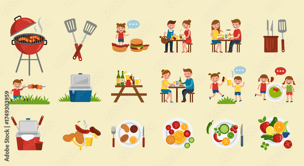 Naklejka premium Flat icons depicting a backyard barbecue setup food drinks and various groups of people socializing