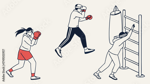 Dynamic Workout Session with People Training Boxing and Stretching in Modern Gym