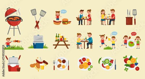 Flat icons depicting a backyard barbecue setup food drinks and various groups of people socializing