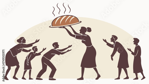 Generous Woman Sharing Fresh Bread with Hungry People. Community Food Aid, Hunger Relief, and Social Support.