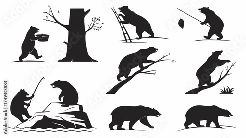 Black Bear Silhouettes Set Climbing Fishing Walking Vector Icons Nature Wildlife Adventure Design Elements for Logos Web