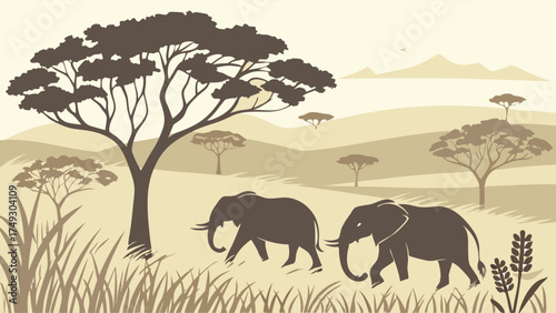 Majestic African Elephants Walking in Serene Savanna Landscape. Safari Travel, Wildlife Conservation, Nature Illustration.