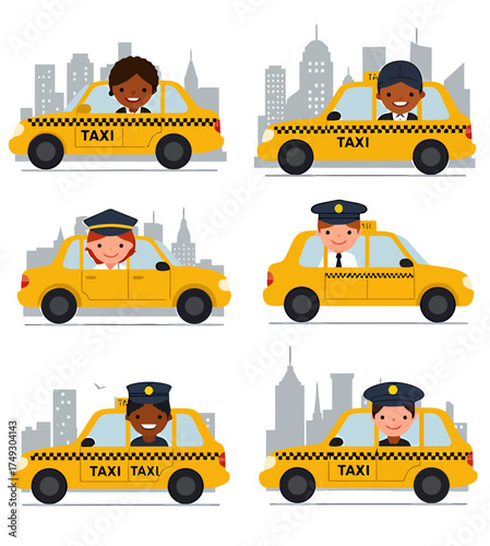 Six cartoon illustrations of diverse taxi drivers in yellow cars against city skylines