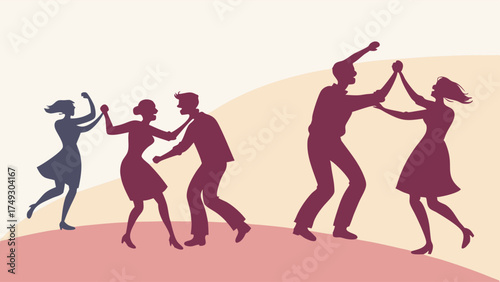 Energetic Couples Dancing Joyfully at a Lively Social Event. Perfect for Dance Class Promotion, Party Invitations, and Community Entertainment.