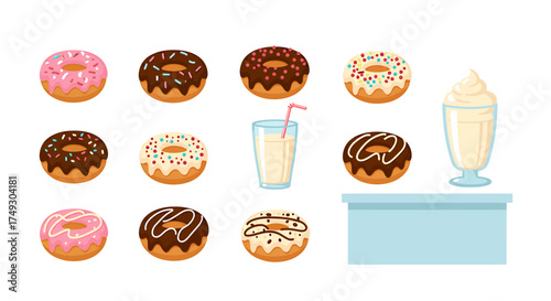 Twelve assorted donuts a milkshake and a counter in a graphic illustration