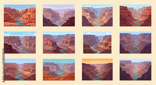 Twelve cartoon vignettes showing varying light and color schemes of a deep canyon with a winding river