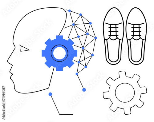Human profile with neural network and gear, shoes, additional gear. Ideal for artificial intelligence, thinking, connection, creativity, innovation problem-solving process. Simplistic flat metaphor